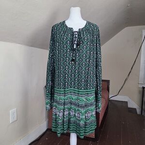 FARM Rio Green Boho Print Tunic Dress Peasant Long Sleeve Lace Up Neck Size M